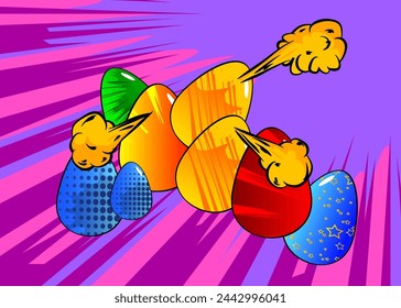 Cartoon Easter eggs, comic book holiday background. Retro vector comics pop art design.