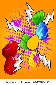 Cartoon Easter eggs, comic book holiday background. Retro vector comics pop art design.