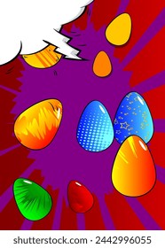 Cartoon Easter eggs, comic book holiday background. Retro vector comics pop art design.