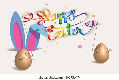 Cartoon of Easter eggs with Happy Easter banner in rainbow colors,Easter bunny in the hole and confetti isolated on a light background.Vector illustration.