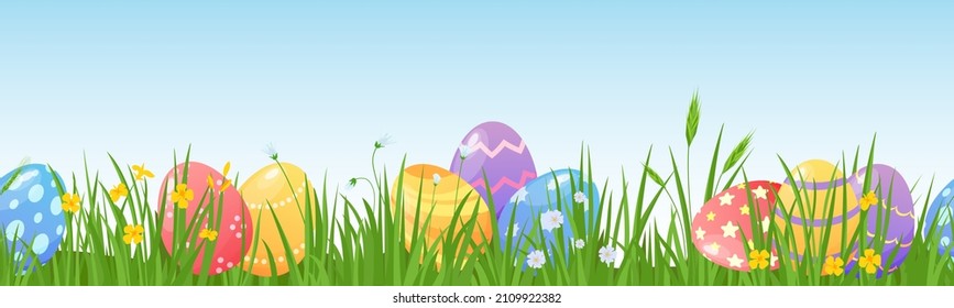 Cartoon Easter Eggs On Meadow Green Grass Seamless Border. Spring Lawn With Painted Egg And Flowers. Happy Easter Day Hunt Vector Background. Decorated Chocolate Eggs For Religious Game