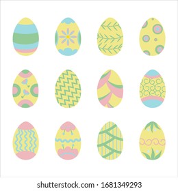 Cartoon Easter eggs set with different color paint,stripes, dots and patterns. Spring holiday concept in flat style. Stock vector illustration isolated on white background.