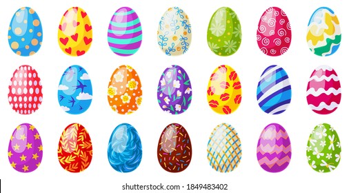 Cartoon easter eggs. Spring holiday chocolate egg, traditional ornament egg decoration, colorful easter egg decor vector illustration icons set. Decoration with heart, flower, stripes and dots