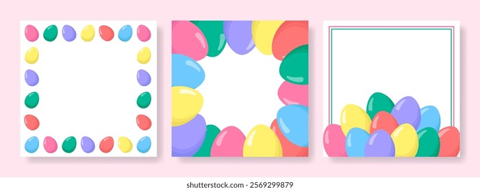 Cartoon Easter Eggs vector design. Empty square templates set for Easter holidays for social media, prints, cards