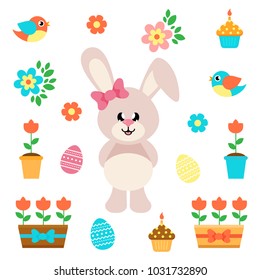 cartoon easter elements with bunny girl