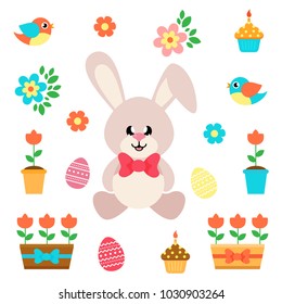 cartoon easter elements with bunny sitting
