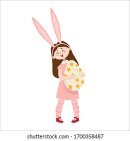 Cartoon Easter funny girl with rabbit ears and egg isolated on white background stock vector illustration. Happy Easter card. 