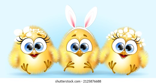 Cartoon Easter funny little Chicks with wreaths of flowers and bunny hearband
