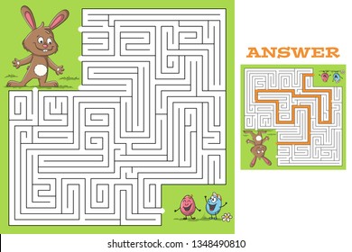 Cartoon easter game puzzle with solution. Vector illustration with separate layers.