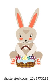Cartoon Easter gray bunny sitting with basket of colorful eggs. Vector illustration for design of cards, banners, invitations, packaging, prints for clothes
