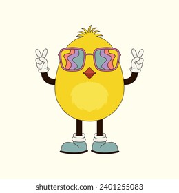 Cartoon easter groovy chick in trendy retro 70s style.Vector illustration