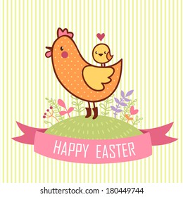 Cartoon easter hen with chicken. Happy Easter Card.