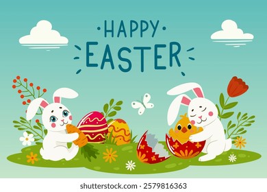 Cartoon Easter holiday poster. Happy Easter colorful card with Easter bunnies and painted eggs flat vector background illustration. Festie easter backdrop