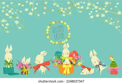 Ilustración de la Pascua de Caricatura con conejos blancos, huevos y flores