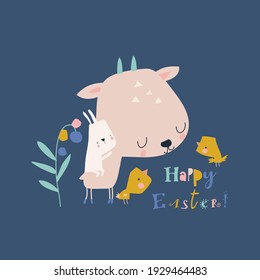 Cartoon Easter illustration with deer, rabbits and chicks