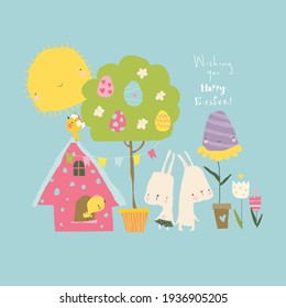 Cartoon Easter illustration with rabbits and easter eggs