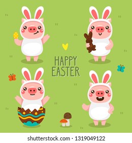 Cartoon Easter pigs with text "Happy Easter". Characters for Easter, background, card, postcard, poster. Vector illustration, isolated object.