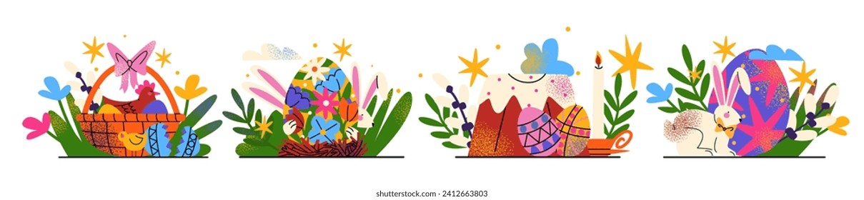 Afiche de la Caricatura de Pascua al estilo retro abstracto de los años 90. Elementos de primavera, conejos, huevos, fiesta cristiana, cestas de Pascua, flores. Ilustración de la curva vectorial