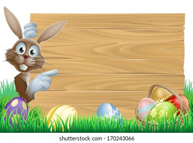 Cartoon Easter rabbit bunny pointing at a sign, decorated Easter eggs and basket in front