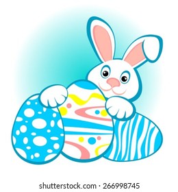 Cartoon Easter rabbit and eggs on a blue background.