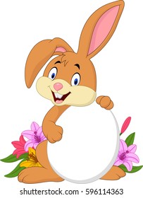 Cartoon Easter rabbit holding white egg