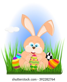 Cartoon easter rabbit on grass holding an easter egg isolated on white. Vector with all elements sorted and grouped in layers
