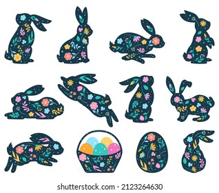 Cartoon easter rabbit silhouette, cute spring bunny and eggs elements. Flowered easter bunnies silhouettes vector illustration set. Cute bunnies decorated with flowers. Basket with colorful eggs