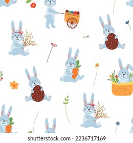 Cartoon easter rabbits seamless pattern. Bunny with flowers and chocolate egg. Childish festive spring texture. Classy vector textile print