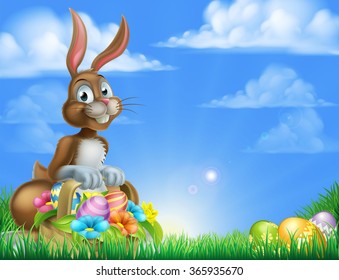 Cartoon easter scene. Easter bunny with a basket full of decorated chocolate Easter eggs in a field