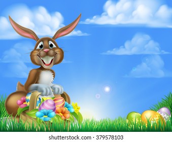 Cartoon Easter scene. Easter bunny with a basket full of decorated chocolate Easter eggs on an Easter egg hunt in a field