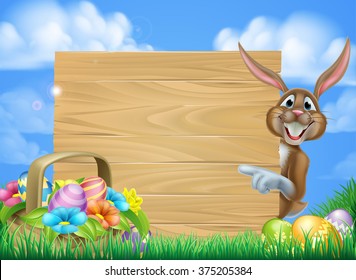 Cartoon easter scene of an Easter bunny rabbit pointing at a sign with a basket full of decorated chocolate Easter eggs