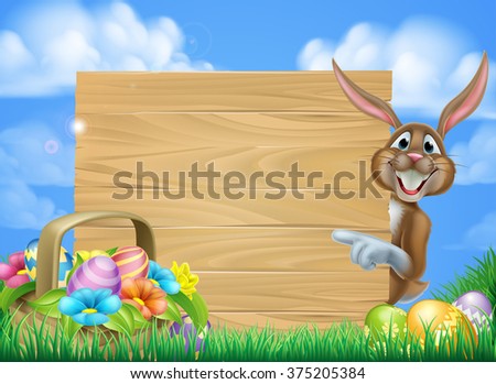 Cartoon easter scene of an Easter bunny rabbit pointing at a sign with a basket full of decorated chocolate Easter eggs