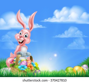 Cartoon easter scene. Pink Easter bunny with a basket full of decorated chocolate Easter eggs in a field