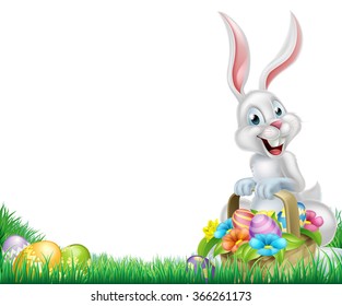 Cartoon Easter scene. White Easter bunny with a basket full of decorated chocolate Easter eggs in a field