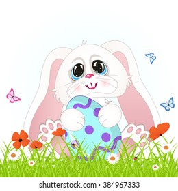 Cartoon easter scene. White Easter bunny with Easter egg in a field.