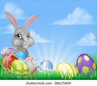Cartoon easter scene. White Easter bunny with a basket full of decorated chocolate Easter eggs in a field