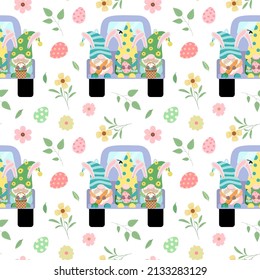 Cartoon Easter seamless pattern with holiday dwarfs on truck, flowers, leaves, color eggs. Vector illustration in cartoon style. Isolated on white background. Festive wrapping paper design.