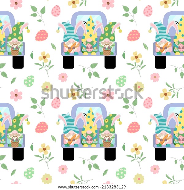 Cartoon Easter seamless pattern with holiday\
dwarfs on truck, flowers, leaves, color eggs. Vector illustration\
in cartoon style. Isolated on white background. Festive wrapping\
paper design.