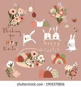 Cartoon Easter set with flowers ,easter eggs and rabbits