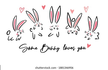 Cartoon easter sign card simple line bunny. Vector doodle illustration. Black pink outline. Cute funny hand drawn line shape sketch on white background. Font for t-shirt design. Some bunny loves you.