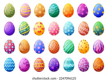 Cartoon Easter surprise eggs. Spring holiday egg hunt chocolate egg, traditional painted eggs flat vector illustration set. Easter colorful egg collection