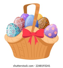 Cartoon easter wicker basket. Painted easter eggs in hamper handle basket, spring holiday celebration basket flat vector illustration on white background