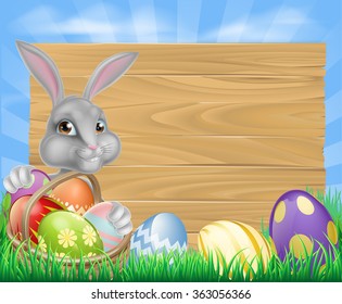 Cartoon Easter wooden sign. White Easter bunny with a basket full of decorated chocolate Easter eggs