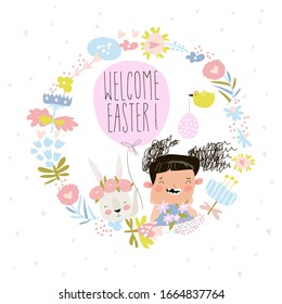 Cartoon Easter wreath with cute rabbit and little girl