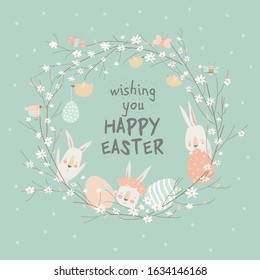 Cartoon Easter wreath with cute rabbits and Ester eggs. Vector illustration