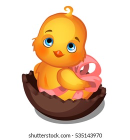 Cartoon easter yellow chick sitting in a chocolate eggshell isolated on a white background. Vector closeup illustration.