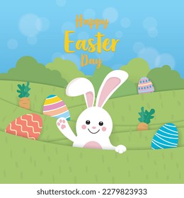 cartoon easters rabbit on the meadow with painted eggs and carrots