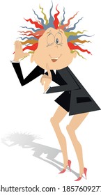 Cartoon eavesdropping woman illustration. Funny young woman overhears like a spy and shows a finger to keep quiet isolated on white
