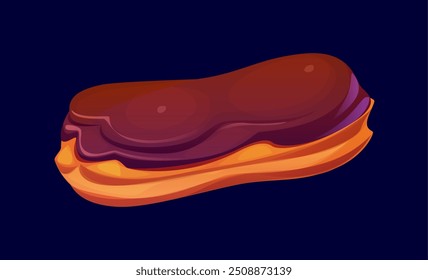 Cartoon eclair confitería y pastelería dulce. Vector clásico de postre francés hecho de masa de choux, relleno de nata rica y cubierto con glaseado de chocolate. Lujosa golosina con textura ligera y aireada