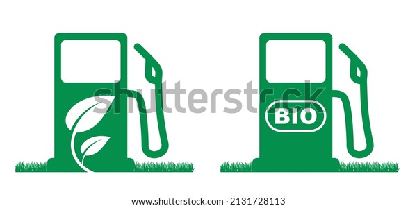 Cartoon eco, bio fuel, CO2 filling station.\
Petrol pump. Green gas station icon. Vector refill symbol or\
pictogram. Car fill location. Gas, olil, diesel, petroluem, LPG or\
petrol service pump.\
Ecology